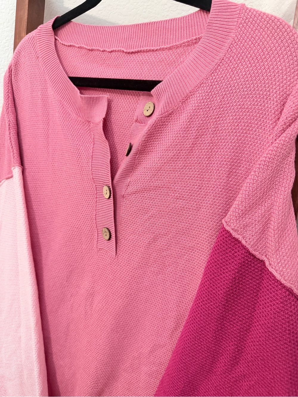 Women’s Pink Colorblock V-Neck Henley Sweater - Picture 3 of 6